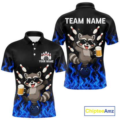 Blue Flame Funny Raccoon Bowling Team Shirt Customized Bowling Polo & 1/4 Zip Gift For Men NBT1130