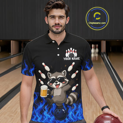 Blue Flame Funny Raccoon Bowling Team Shirt Customized Bowling Polo & 1/4 Zip Gift For Men NBT1130