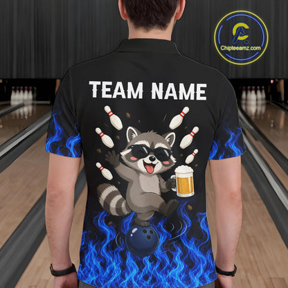 Blue Flame Funny Raccoon Bowling Team Shirt Customized Bowling Polo & 1/4 Zip Gift For Men NBT1130