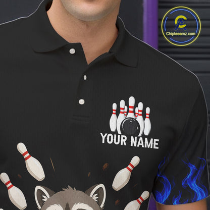 Blue Flame Funny Raccoon Bowling Team Shirt Customized Bowling Polo & 1/4 Zip Gift For Men NBT1130