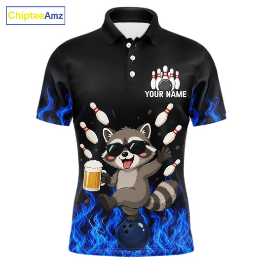 Blue Flame Funny Raccoon Bowling Team Shirt Customized Bowling Polo & 1/4 Zip Gift For Men NBT1130
