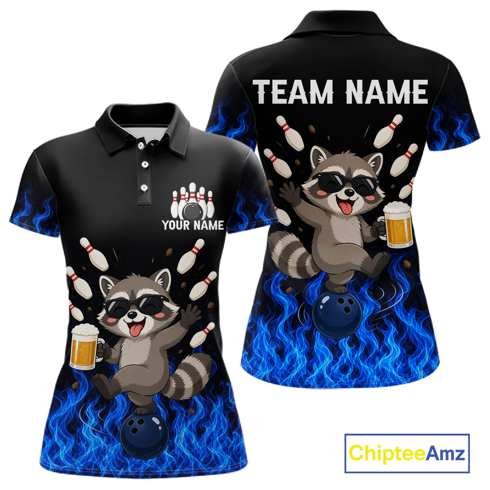 Blue Flame Funny Raccoon Bowling Team Shirt Customized Bowling Polo & 1/4 Zip Gift For Women NBT1130