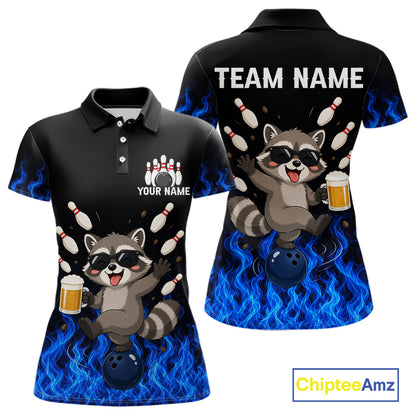 Blue Flame Funny Raccoon Bowling Team Shirt Customized Bowling Polo & 1/4 Zip Gift For Women NBT1130