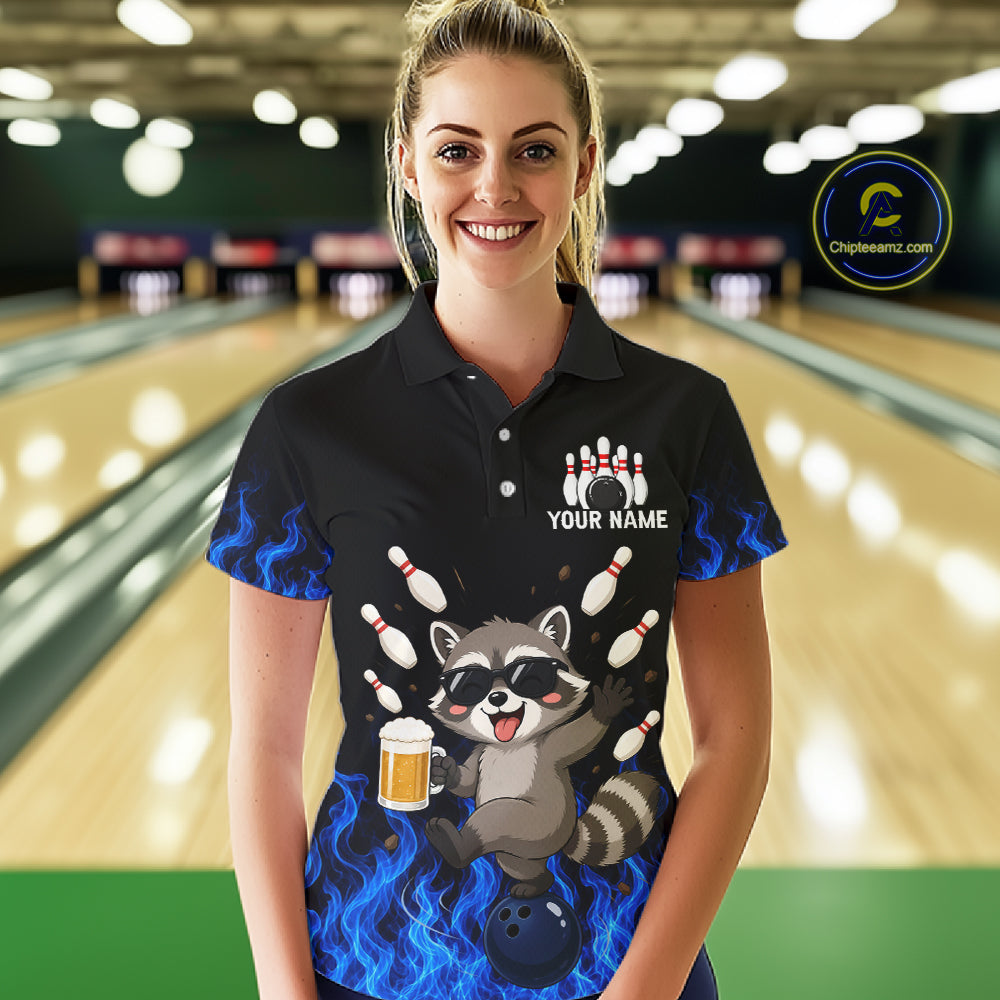 Blue Flame Funny Raccoon Bowling Team Shirt Customized Bowling Polo & 1/4 Zip Gift For Women NBT1130
