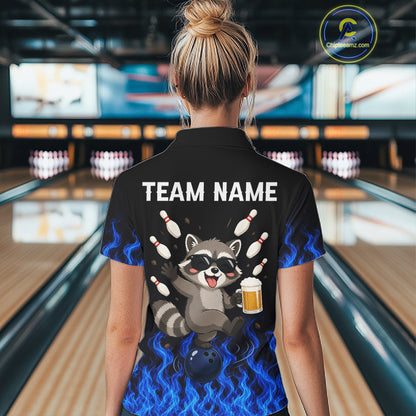 Blue Flame Funny Raccoon Bowling Team Shirt Customized Bowling Polo & 1/4 Zip Gift For Women NBT1130