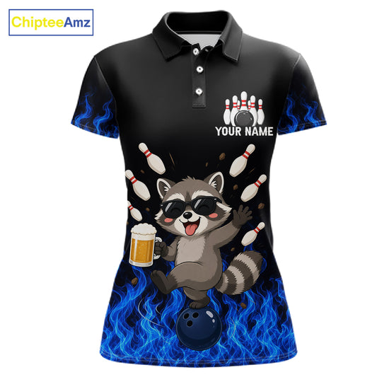 Blue Flame Funny Raccoon Bowling Team Shirt Customized Bowling Polo & 1/4 Zip Gift For Women NBT1130