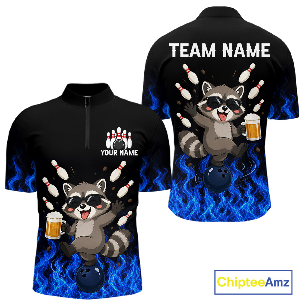 Blue Flame Funny Raccoon Bowling Team Shirt Customized Bowling Polo & 1/4 Zip Gift For Men NBT1130