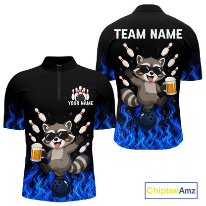 Blue Flame Funny Raccoon Bowling Team Shirt Customized Bowling Polo & 1/4 Zip Gift For Men NBT1130