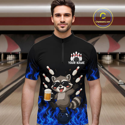 Blue Flame Funny Raccoon Bowling Team Shirt Customized Bowling Polo & 1/4 Zip Gift For Men NBT1130