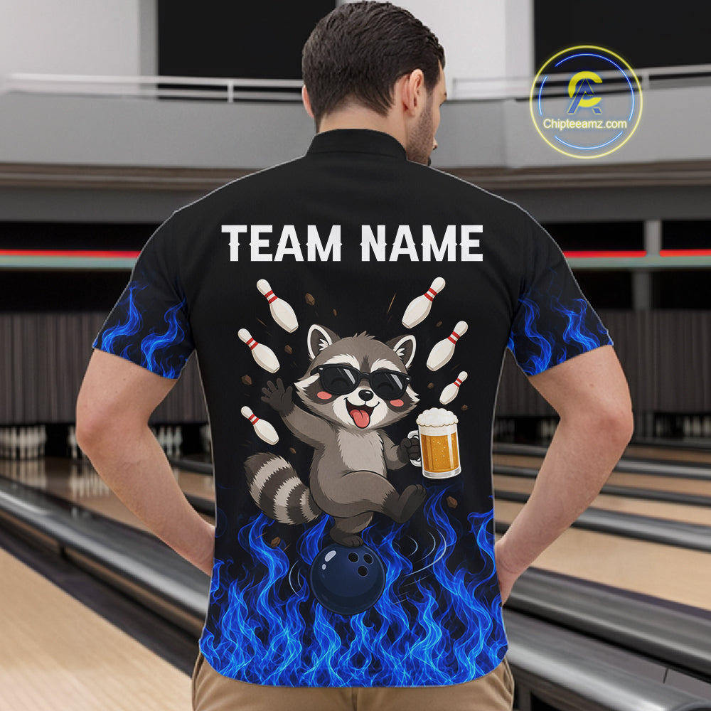 Blue Flame Funny Raccoon Bowling Team Shirt Customized Bowling Polo & 1/4 Zip Gift For Men NBT1130