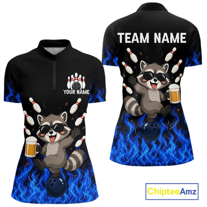 Blue Flame Funny Raccoon Bowling Team Shirt Customized Bowling Polo & 1/4 Zip Gift For Women NBT1130