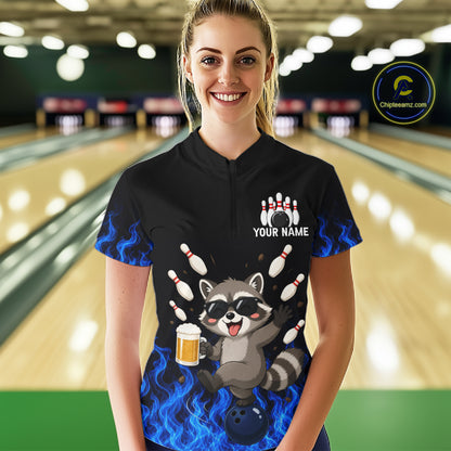 Blue Flame Funny Raccoon Bowling Team Shirt Customized Bowling Polo & 1/4 Zip Gift For Women NBT1130
