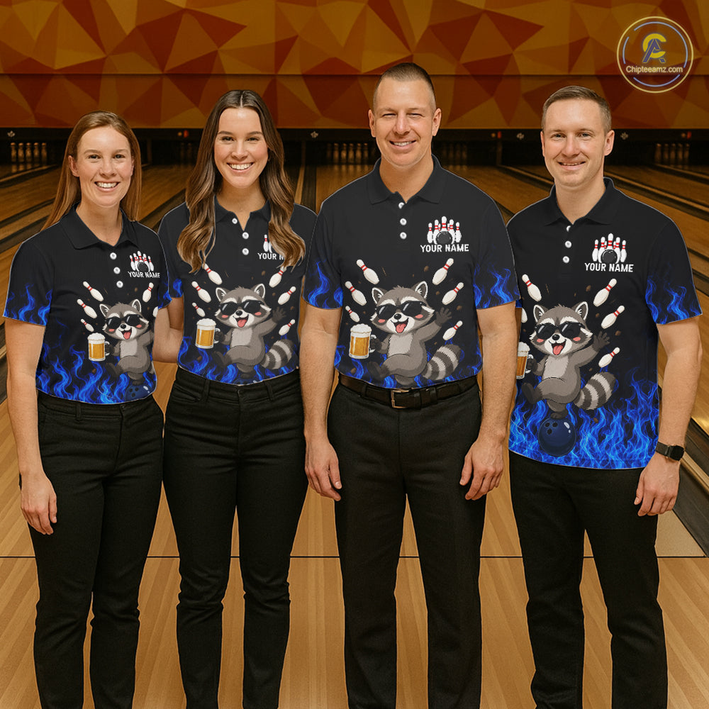 Blue Flame Funny Raccoon Bowling Team Shirt Customized Bowling Polo & 1/4 Zip Gift For Men NBT1130