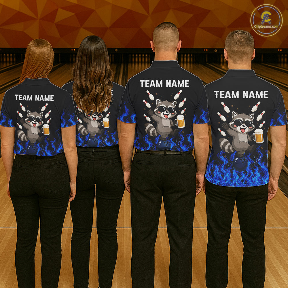 Blue Flame Funny Raccoon Bowling Team Shirt Customized Bowling Polo & 1/4 Zip Gift For Men NBT1130
