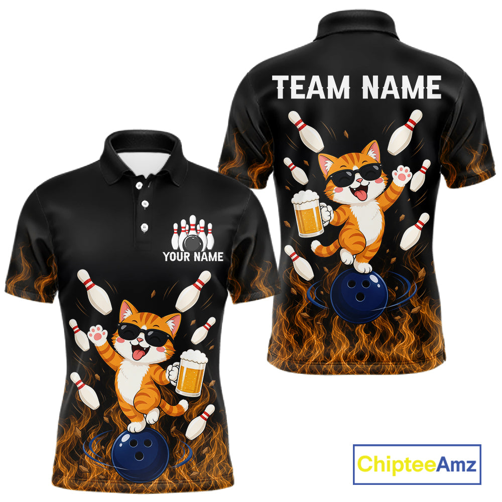 Orange Flame Funny Cat Bowling Team Shirt Customized Bowling Polo & 1/4 Zip Gift For Men NBT1131