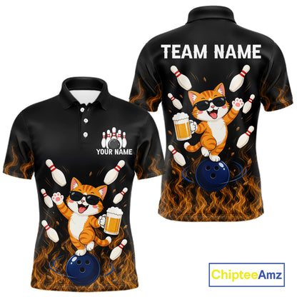 Orange Flame Funny Cat Bowling Team Shirt Customized Bowling Polo & 1/4 Zip Gift For Men NBT1131