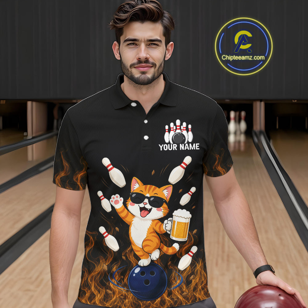 Orange Flame Funny Cat Bowling Team Shirt Customized Bowling Polo & 1/4 Zip Gift For Men NBT1131