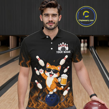 Orange Flame Funny Cat Bowling Team Shirt Customized Bowling Polo & 1/4 Zip Gift For Men NBT1131