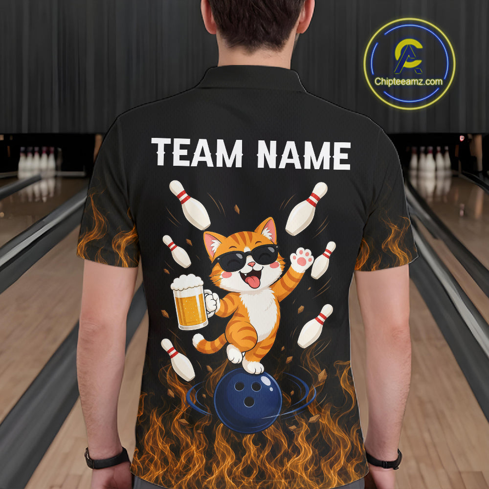 Orange Flame Funny Cat Bowling Team Shirt Customized Bowling Polo & 1/4 Zip Gift For Men NBT1131