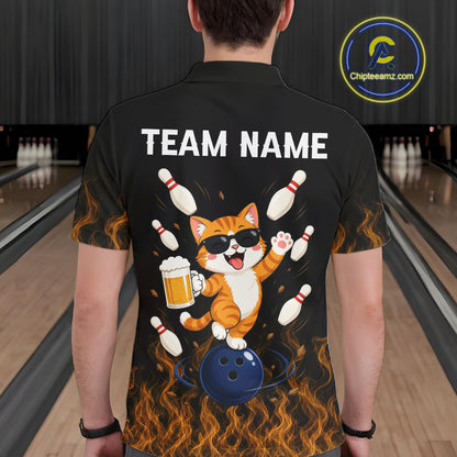 Orange Flame Funny Cat Bowling Team Shirt Customized Bowling Polo & 1/4 Zip Gift For Men NBT1131