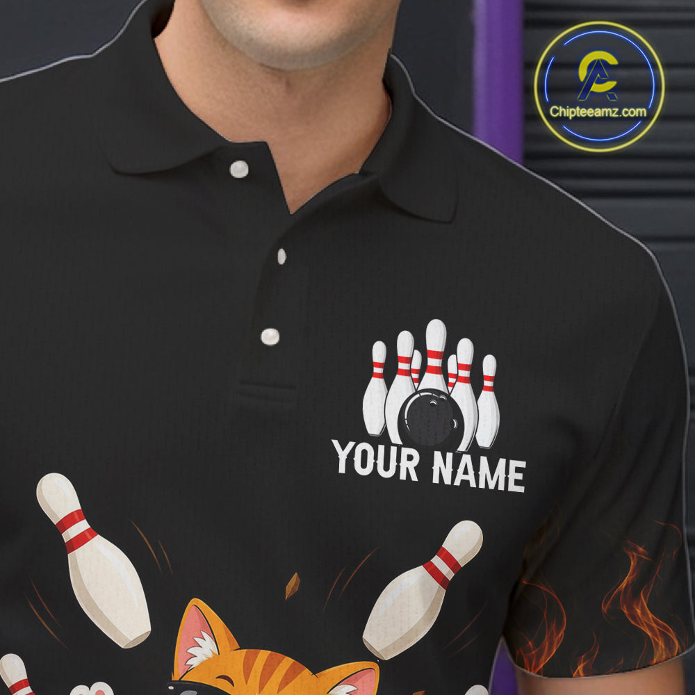 Orange Flame Funny Cat Bowling Team Shirt Customized Bowling Polo & 1/4 Zip Gift For Men NBT1131