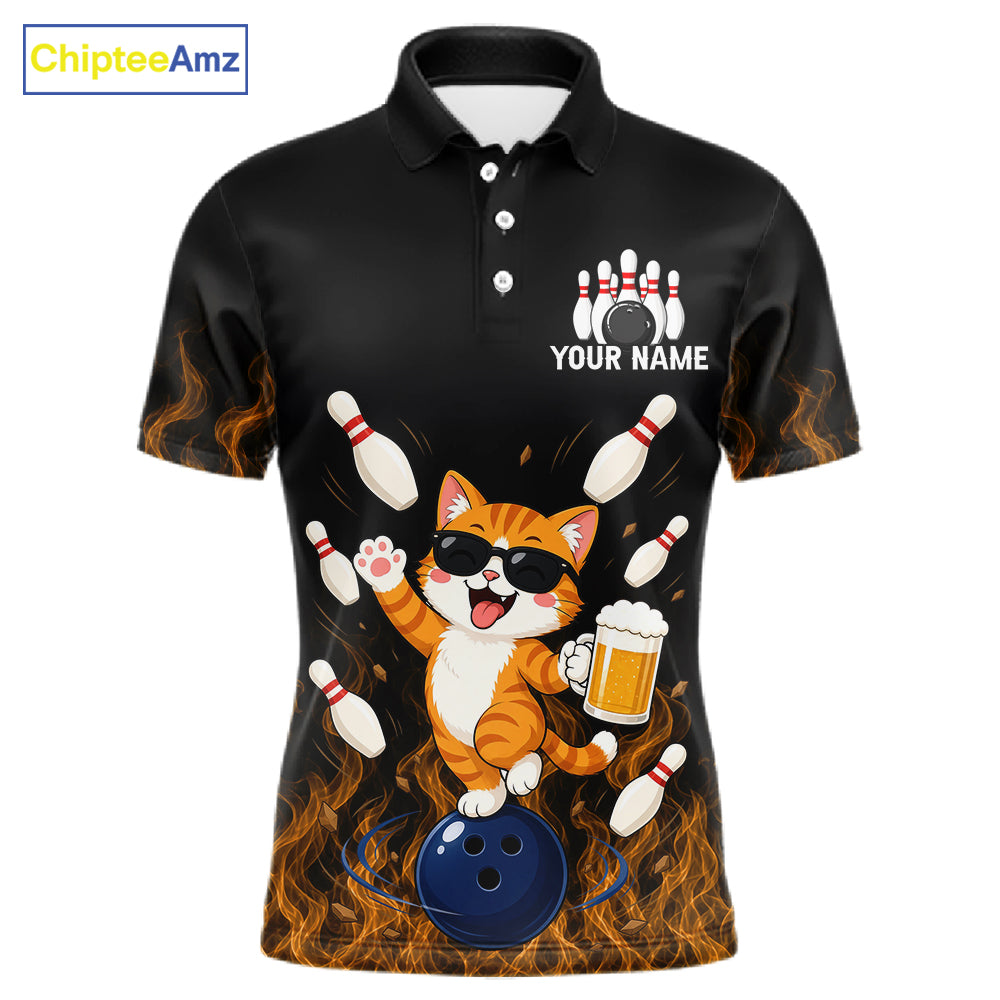 Orange Flame Funny Cat Bowling Team Shirt Customized Bowling Polo & 1/4 Zip Gift For Men NBT1131