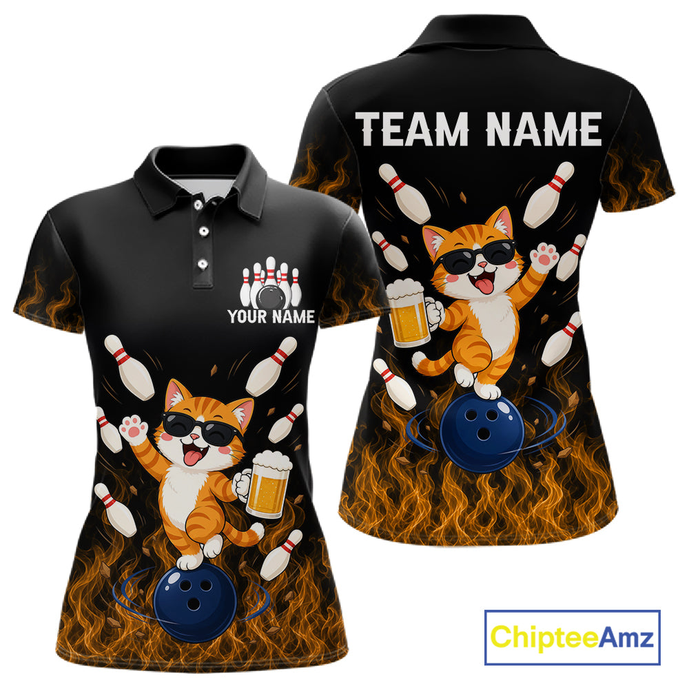 Orange Flame Funny Cat Bowling Team Shirt Customized Bowling Polo & 1/4 Zip Gift For Women NBT1131