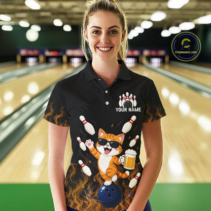 Orange Flame Funny Cat Bowling Team Shirt Customized Bowling Polo & 1/4 Zip Gift For Women NBT1131
