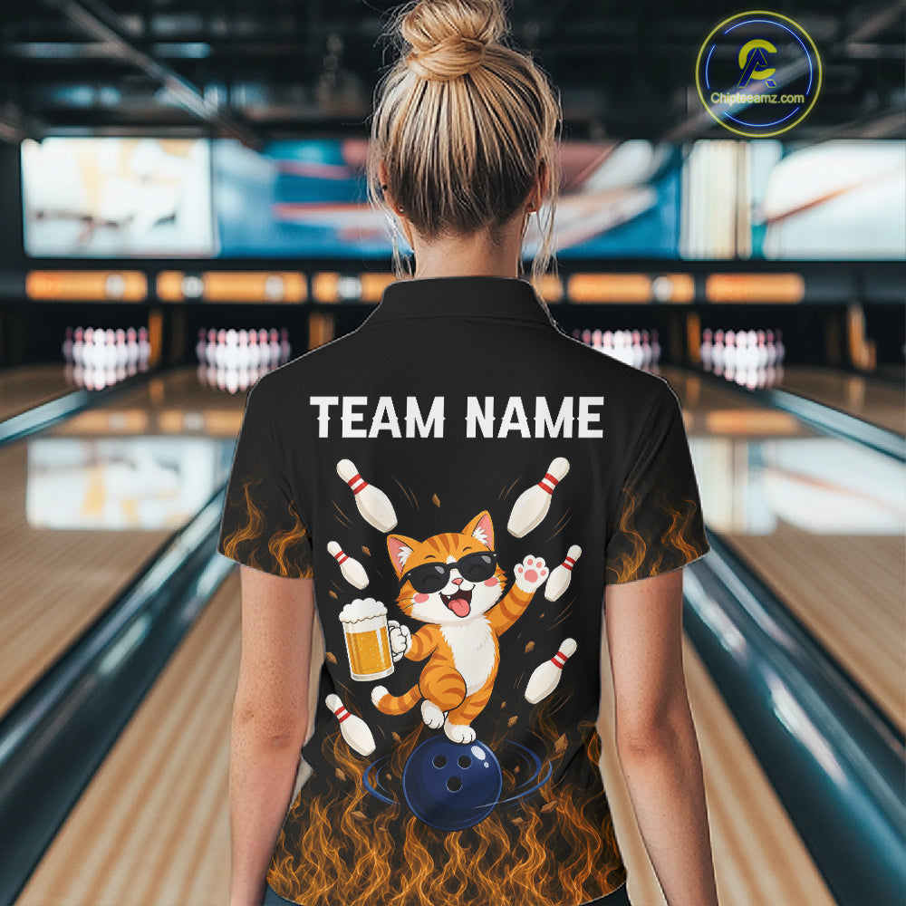 Orange Flame Funny Cat Bowling Team Shirt Customized Bowling Polo & 1/4 Zip Gift For Women NBT1131