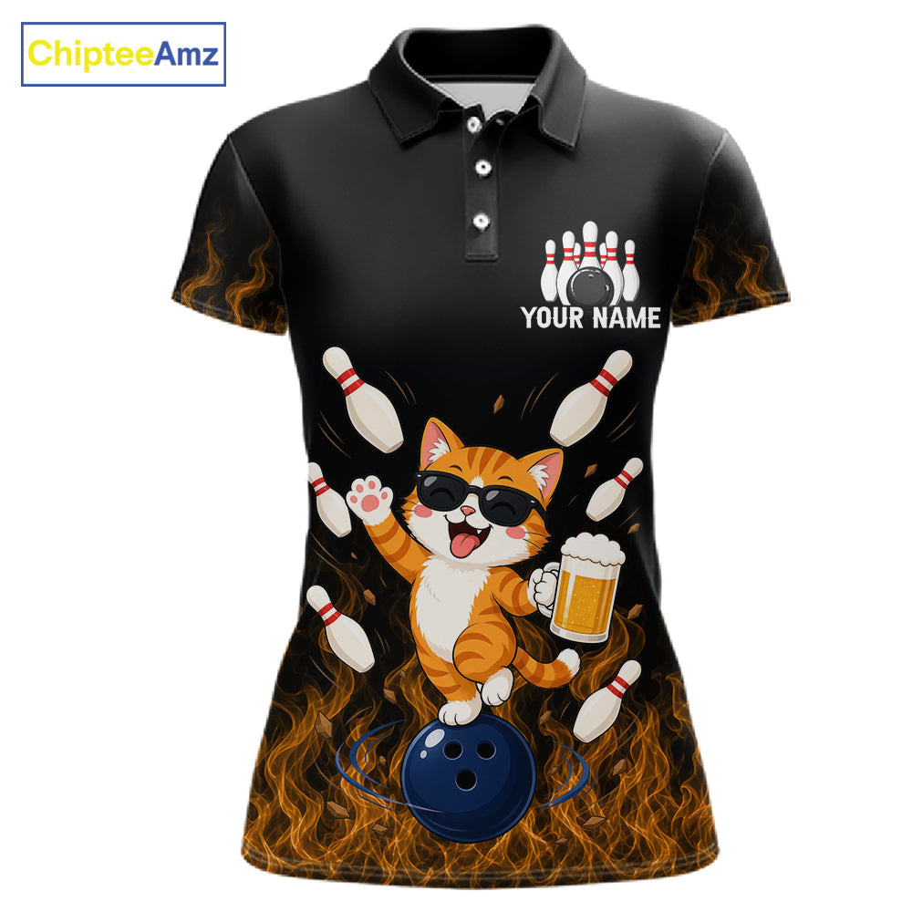 Orange Flame Funny Cat Bowling Team Shirt Customized Bowling Polo & 1/4 Zip Gift For Women NBT1131