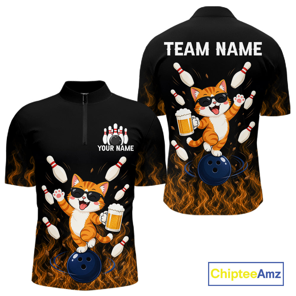 Orange Flame Funny Cat Bowling Team Shirt Customized Bowling Polo & 1/4 Zip Gift For Men NBT1131