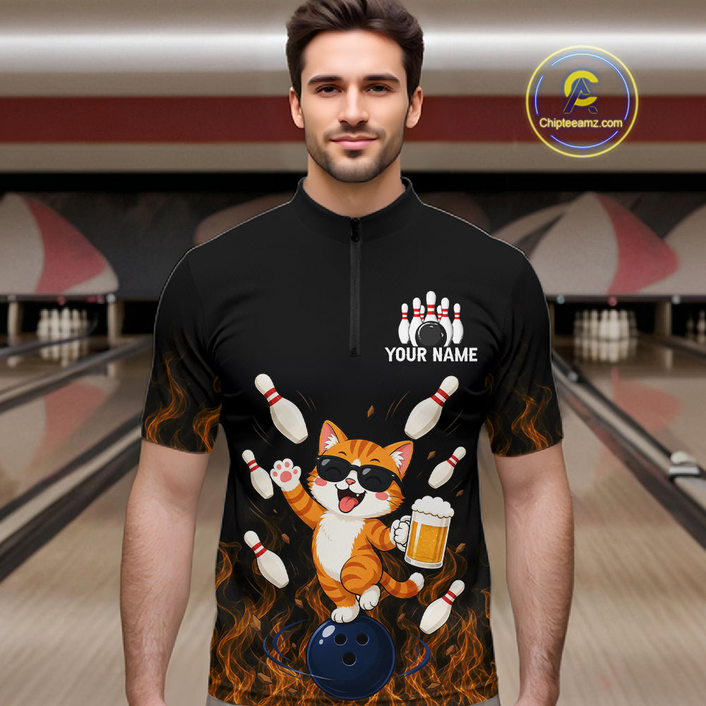 Orange Flame Funny Cat Bowling Team Shirt Customized Bowling Polo & 1/4 Zip Gift For Men NBT1131