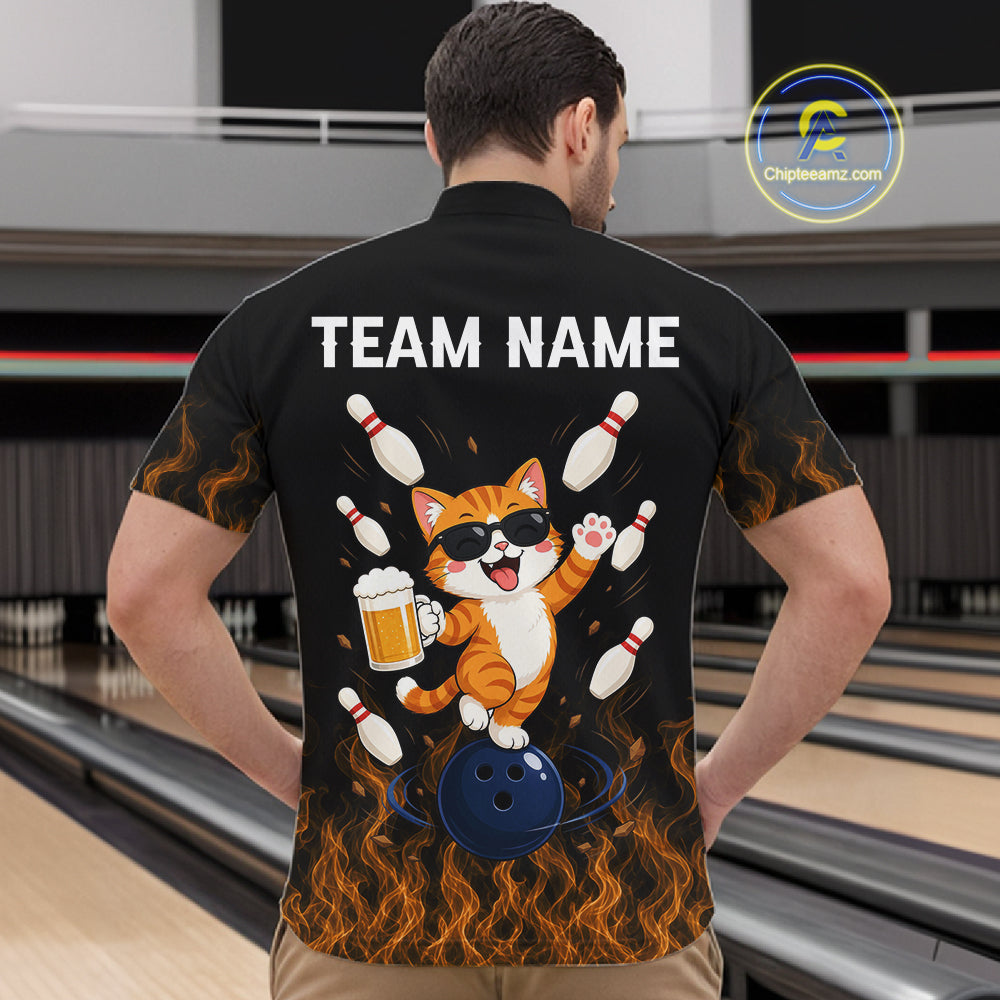 Orange Flame Funny Cat Bowling Team Shirt Customized Bowling Polo & 1/4 Zip Gift For Men NBT1131
