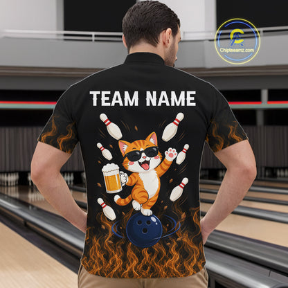 Orange Flame Funny Cat Bowling Team Shirt Customized Bowling Polo & 1/4 Zip Gift For Men NBT1131