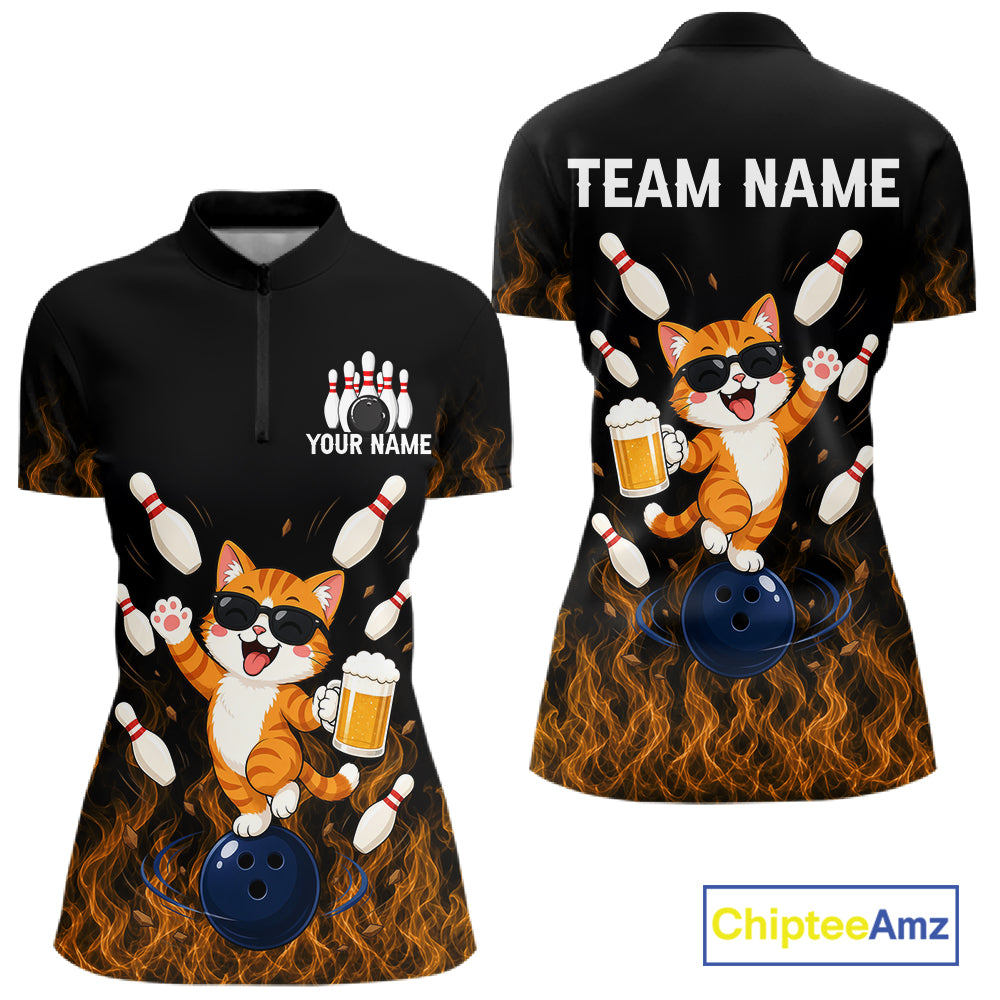 Orange Flame Funny Cat Bowling Team Shirt Customized Bowling Polo & 1/4 Zip Gift For Women NBT1131