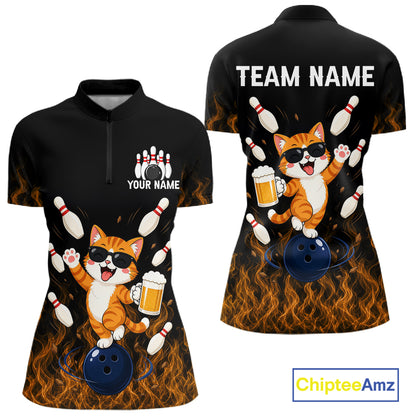 Orange Flame Funny Cat Bowling Team Shirt Customized Bowling Polo & 1/4 Zip Gift For Women NBT1131