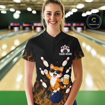 Orange Flame Funny Cat Bowling Team Shirt Customized Bowling Polo & 1/4 Zip Gift For Women NBT1131