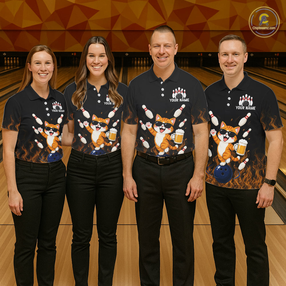 Orange Flame Funny Cat Bowling Team Shirt Customized Bowling Polo & 1/4 Zip Gift For Men NBT1131