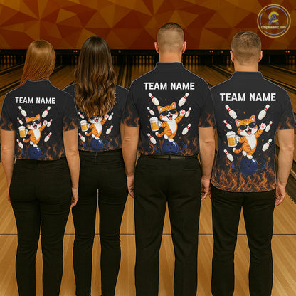 Orange Flame Funny Cat Bowling Team Shirt Customized Bowling Polo & 1/4 Zip Gift For Men NBT1131