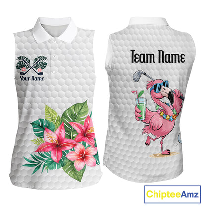 Sleeveless Golf Polo Shirts For Women Funny Flamingo Golf Ball Pattern Custom Name, Golf Gifts NBT566