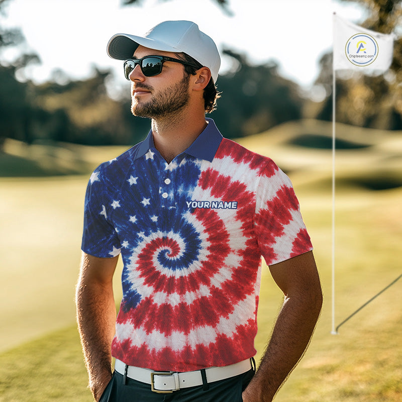 Man wearing an American tie-dye polo shirt with a golf course background