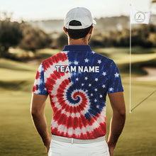 Load image into Gallery viewer, Person wearing an American tie-dye polo shirt with 'TEAM NAME' text on a golf course