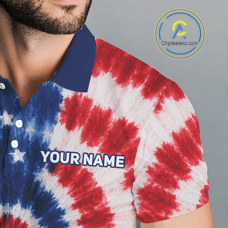 Closse-up fabric of Tie-dye polo shirt with red, white, and blue pattern