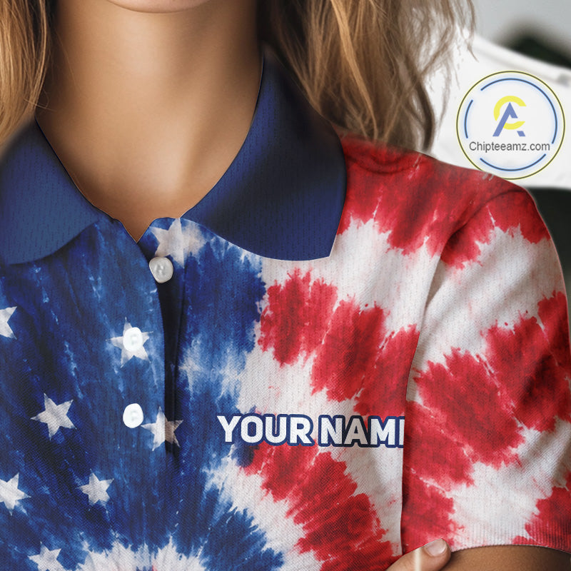 Close-up of woman wearing American flag tie dye womens golf polo shirt patriotic pattern