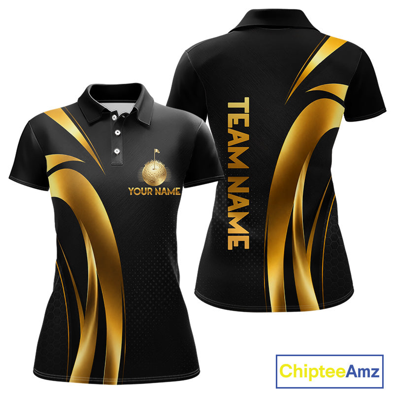 Front and back view of Black and Gold womens golf polo shirt with custom golf clubs design and personalized name