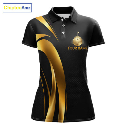 Front view of Black and Gold womens golf polo shirt with custom golf clubs design