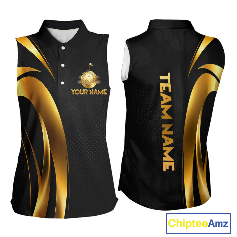 Front view of Black and Gold womens sleeveless golf polo shirt with custom golf clubs design