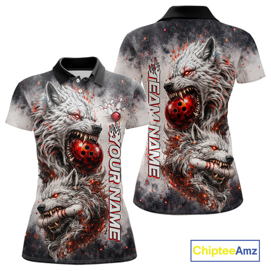 Front and back view of custom black and gray wolf bowling polo shirt for women