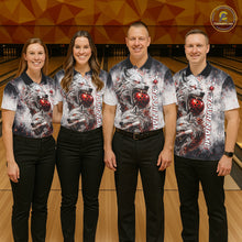 Load image into Gallery viewer, Bowling team wearing matching custom black and gray wolf bowling jerseys with personalized names