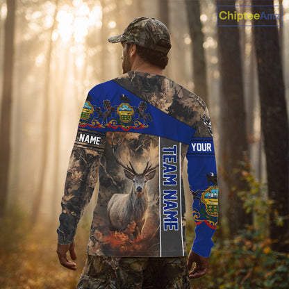 Pennsylvania Flag Deer Hunting Hoodie, Longsleeve Shirt, Brown Camo Custom Name NBT05
